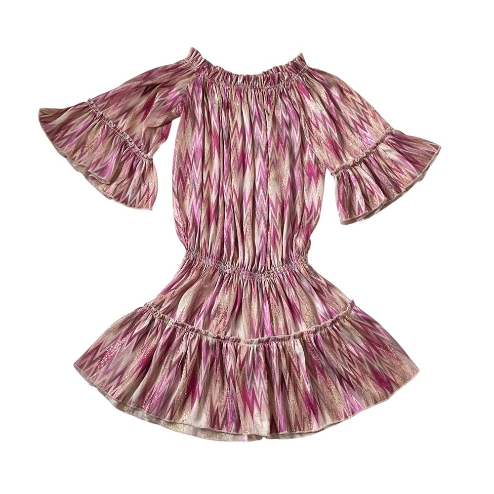 Pop St. Barth Pink Metallic Chevron Off-The-Shoulder Mini Dress XS Boho Resort